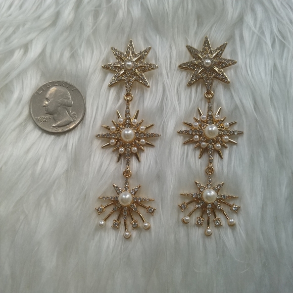 Gold Pearl Crystal Star Burst 3 Tier Drop Earrings - Picture 10 of 11